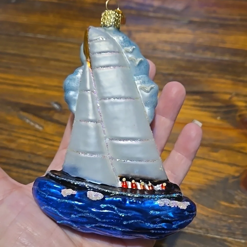 Old World Christmas Sailboat Ornament with Blue and White Design 5 Inches